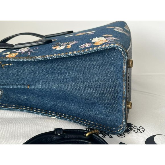 Coach Charlie Denim Double Handle Tote Shoulder Bag With Blue Floral Print - Picture 4 of 10